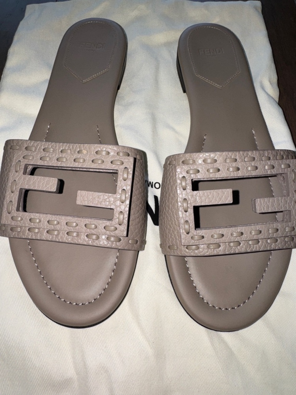 Fendi Women's Taupe Leather FF Cutout Slide Sandals